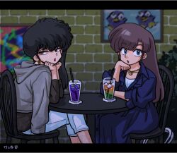  2girls black_hair blue_eyes brown_hair chair contemporary drink earrings grey_eyes grey_hoodie head_rest hood hoodie indoors jewelry kunou_kodachi kuonji_ukyou long_hair multiple_girls open_mouth pants ranma_1/2 red_lips side_ponytail sitting straight_hair table wanta_(futoshi) white_pants 