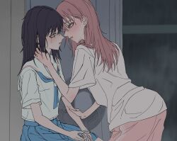  2girls absurdres ayatsumugi_roka backhop_paro black_hair blue_skirt blush bracelet cho_kaguya-hime! commentary_request earrings electric_fan face-to-face from_side green_eyes hand_in_another's_hair hand_on_another's_arm highres holding_bracelet imminent_kiss jewelry korean_commentary long_hair multiple_girls pink_hair pleated_skirt profile sakayori_iroha school_uniform serafuku shirt short_sleeves skirt white_serafuku white_shirt yuri 