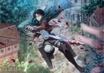  1boy angel31424 ascot black_eyes black_hair blood blurry boots cape depth_of_field dual_wielding highres houses jacket levi_(shingeki_no_kyojin) reverse_grip shingeki_no_kyojin solo sword thigh_strap three-dimensional_maneuver_gear weapon 