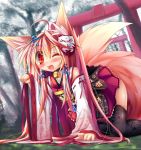  1girl all_fours animal_ears bell blush detached_sleeves fox_ears fox_tail highres jingle_bell long_hair looking_at_viewer mask open_mouth original paw_pose red_eyes ribbon skirt smile solo tail thighhighs tinkvov torii wink 