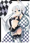  1girl blue_eyes boots checkered checkered_flag checkered_skirt elbow_gloves fingerless_gloves gloves hair_bun highres keid long_hair midriff miss_monochrome miss_monochrome_(character) racequeen silver_hair skirt solo thighhighs twintails 