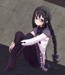  1girl akemi_homura argyle argyle_legwear black_hair bow braid glasses hair_bow hairband long_hair magical_girl mahou_shoujo_madoka_magica no_shoes pantyhose red-framed_glasses sitting solo soul_gem twin_braids violet_eyes 