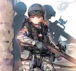 1girl 2boys black_hawk_down blonde_hair blue_eyes car-15 daito delta_force faceless gloves goggles_on_head gun headset helicopter helmet knee_pads load_bearing_vest m14 m16 military military_uniform operator original pouches short_hair sling usa weapon