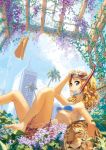  1girl barefoot bikini_top blonde_hair diving_mask flippers flower hammock highres original rai32019 shorts tiger water 