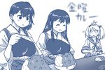  akagi_(kantai_collection) buntaichou curry_rice eating kaga_(kantai_collection) kantai_collection monochrome sazanami_(kantai_collection) side_ponytail twintails 