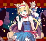  1girl adapted_costume alice_margatroid animal_ears apron aqua_eyes bare_arms bare_shoulders bell bell_collar blue_dress blue_eyes boots bow capelet cat cat_ears cat_tail collar cross-laced_footwear culter dress hair_bow hairband halloween_costume hat kemonomimi_mode looking_at_viewer night open_mouth paw_pose puffy_sleeves sash shanghai_doll short_sleeves sitting sleeveless sleeveless_dress star tail touhou waist_apron witch_hat 