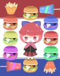  1girl blush bow cape drink drooling food french_fries hamburger open_mouth red_eyes redhead remedei sekibanki short_hair touhou 