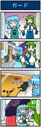  2girls 4koma bird blue_eyes blue_hair breasts comic detached_sleeves frog green_eyes green_hair hair_ornament heterochromia highres karakasa_obake kochiya_sanae long_hair mizuki_hitoshi multiple_girls open_mouth penguin red_eyes short_hair skirt smile snake sweat tatara_kogasa tongue touhou translated umbrella 