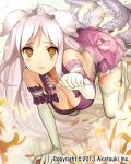  1girl absurdres akatsuki_(company) all_fours animal_ears barefoot blush breasts cleavage dog_ears dress elbow_gloves flower gloves highres jewelry makai_touitsu_chaos_blade matsui_hiroaki multiple_tails necklace paw_pose purple_dress silver_hair smile solo tail tiara white_gloves 