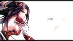  1girl bare_back beancurd black_hair breasts brown_eyes character_name highres irelia large_breasts league_of_legends sideboob simple_background solo white_background 