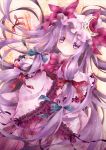  1girl clock crescent frills hair_ribbon hat long_hair patchouli_knowledge purple_hair ribbon roman_numerals solo touhou toutenkou violet_eyes wide_sleeves 