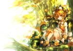  1girl animal_ears autumn brown_hair cat cat_ears cat_tail chen earrings hat highres im_(badmasa) jewelry leaf looking_at_viewer maple_leaf red_eyes short_hair sitting skirt smile solo tail touhou tree 