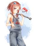  1girl akisyuuno fish galilei_donna goldfish hozuki_ferrari no_bra overalls ponytail redhead solo wrench 