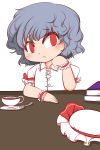  1girl blue_hair cup doku_corne hat hat_removed headwear_removed highres red_eyes remilia_scarlet short_hair solo teacup touhou wrist_cuffs 