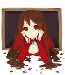  1girl :o breasts brooch brown_hair cleavage he_ji_(ryou) head_rest ib jewelry lady_in_red_(ib) long_hair petals picture_frame red_eyes 