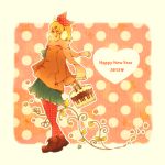  1girl 2013 blonde_hair earmuffs hands_in_pockets happy_new_year heart kagamine_rin pantyhose polka_dot profile scarf short_hair skirt solo tenma_(xxx) unmoving_pattern vocaloid 