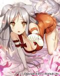  1girl absurdres akatsuki_(company) all_fours animal_ears barefoot breasts cleavage dog_ears dress elbow_gloves flower gloves highres makai_touitsu_chaos_blade matsui_hiroaki multiple_tails orange_dress paw_pose silver_hair solo tail white_gloves 