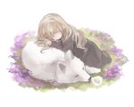  1girl closed_eyes dog long_hair monorino nose_bubble original simple_background sleeping white_background 