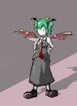  &gt;:) 1girl alternate_costume bat_wings bow cosplay daiyousei dress_shirt fairy_wings fake_wings green_eyes green_hair hair_bow hands_on_hips headband koakuma koakuma_(cosplay) loafers long_sleeves necktie shadow shirt shoes short_hair side_ponytail simple_background skirt skirt_set solo tape touhou tren vest white_shirt wings 