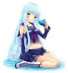 1girl absurdres aoki_hagane_no_arpeggio blue_hair blush boots detached_sleeves emblem green_eyes highres holding iona kanipanda long_hair looking_at_viewer midriff miniature navel necktie sailor sitting skirt solo submarine very_long_hair white_background 