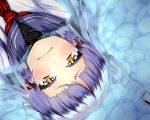  1girl blue_hair close-up doyouwantto frown hair_ribbon headgear highres kantai_collection long_hair murakumo_(kantai_collection) partially_submerged personification ribbon solo tears water yellow_eyes 