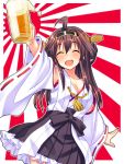  1girl ^_^ ahoge alcohol beer blush breasts brown_hair cleavage closed_eyes detached_sleeves drunk hairband headgear highres japanese_clothes kantai_collection kongou_(kantai_collection) long_hair open_mouth personification solo yuuki_keisuke 