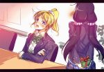  2girls ajishio arms_behind_back ayase_eli blazer blonde_hair blue_eyes blush gift long_hair love_live!_school_idol_project multiple_girls open_mouth ponytail school_uniform skirt toujou_nozomi twintails 