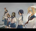  bandages bandages_over_eyes blonde_hair brown_hair commentary_request crutch eyepatch gas_mask long_hair multiple_girls original pink_eyes redhead school_uniform short_hair skirt yamaada 