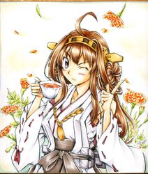  1girl ahoge bare_shoulders boots brown_hair cup detached_sleeves double_bun hair_ornament hairband headgear japanese_clothes kantai_collection kongou_(kantai_collection) long_hair looking_at_viewer masana_hatuse personification skirt solo tea teacup violet_eyes wide_sleeves 