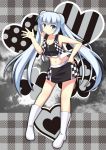  1girl absurdres blue_eyes boots checkered checkered_skirt hair_bun highres long_hair midriff miss_monochrome miss_monochrome_(character) oune_yuu racequeen silver_hair skirt solo twintails waving 