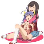  2girls :&lt; antenna_hair backpack bag black_hair blush blush_stickers bow child closed_eyes frilled_skirt frills haine hair_bow hair_ornament highres holding hug ichijou_hotaru long_hair looking_at_another miyauchi_renge multiple_girls non_non_biyori open_mouth purple_hair randoseru red_eyes shirt shoes sitting skirt smile socks uwabaki white_background white_legwear 