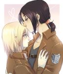  2girls anndoodle black_hair blonde_hair christa_renz forehead_kiss half-closed_eyes hand_on_another&#039;s_chest heart heart_of_string jacket kiss multiple_girls profile shingeki_no_kyojin short_hair short_ponytail side ymir_(shingeki_no_kyojin) yuri 