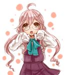  1girl ahoge glasses kantai_collection long_hair long_sleeves looking_at_viewer makigumo_(kantai_collection) open_mouth oversized_clothes personification pink_hair ribbon sketch sleeves_past_wrists solo twintails yayoi_(egoistic_realism) yellow_eyes 