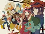  2girls 4boys atori12 bag baseball_cap black_hair blue_eyes brown_eyes brown_hair bulbasaur calme_(pokemon) charmander chespin fennekin froakie green_eyes handbag hat holding holding_poke_ball jacket long_hair multiple_boys multiple_girls orange_hair pikachu pleated_skirt poke_ball pokemon pokemon_(creature) pokemon_(game) pokemon_xy quad_tails sana_(pokemon) satoshi_(pokemon) serena_(pokemon) short_hair short_shorts shorts skirt smile squirtle sunglasses sunglasses_on_head tierno_(pokemon) toroba_(pokemon) 