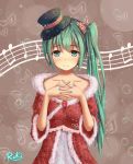  1girl aqua_eyes artist_name green_hair hat hatsune_miku highres interlocked_fingers long_hair musical_note nail_polish reki_(lichk) side_ponytail smile solo vocaloid 