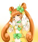  1girl choker cure_rosetta dokidoki!_precure double_bun dress earrings gradient gradient_background hair_bun hair_ornament hair_ribbon heart jewelry long_hair long_hand looking_at_viewer magical_girl orange_background orange_eyes orange_hair precure puffy_sleeves ribbon solo trex97 twintails white_background wrist_cuffs yotsuba_alice 