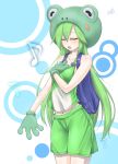  1girl animal_costume backpack bag blush closed_eyes frog_costume gloves green_hair highres long_hair midriff musical_note navel open_mouth personification phantasy_star phantasy_star_online_2 seark shorts solo very_long_hair 