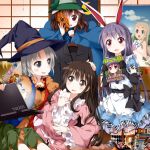  animal_ears black_hair brown_hair candy computer dress elbow_gloves gloves halloween hat highres honma_meiko houraisan_kaguya inaba_tewi jack-o&#039;-lantern laptop long_hair multiple_girls pumpkin rabbit_ears red_eyes reisen_udongein_inaba short_hair smile touhou tsurukou_(tksymkw) wall_scroll witch_hat yagokoro_eirin 