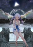  1girl bamboo breasts brown_eyes cleavage clouds dress highres lavender_hair multicolored_hair night night_sky original purple_hair sandals shisa sitting sky solo star_(sky) thinnesta triangle two-tone_hair 