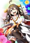  1girl ahoge brown_eyes brown_hair cookie food hair_ornament kantai_collection kongou_(kantai_collection) long_hair niyang53 pot skirt solo tea thighhighs wink 