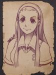  1girl cryamore esmyrelda_maximus forehead freckles hairband lips long_hair monochrome robert_porter school_uniform sepia smile solo sweater_vest teenage younger 