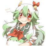  1girl blush ex-keine fang green_hair horns kamishirasawa_keine long_hair lowres rebecca_(keinelove) red_eyes ribbon smile solid_circle_eyes sukusuku_hakutaku tail touhou 