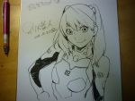  1girl betten_court dated hairpods monochrome neon_genesis_evangelion photo plugsuit smile solo souryuu_asuka_langley traditional_media twintails 