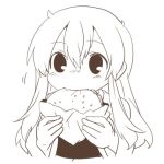  1girl akagi_(kantai_collection) eating food hamburger kantai_collection long_hair lowres monochrome rebecca_(keinelove) 