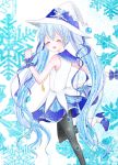  1girl blue_hair closed_eyes happy hat hatsune_miku high_heels long_hair magical_girl snow solo twintails vocaloid witch yuki_miku 