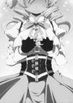  corset drill_hair fingerless_gloves gloves hands_on_own_chest head_out_of_frame highres mahou_shoujo_madoka_magica monochrome scan shino_(ponjiyuusu) smile tomoe_mami twin_drills 