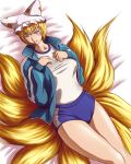  1girl alternate_costume bed_sheet blonde_hair blush breasts buruma embarrassed fox_tail gym_uniform hat multiple_tails open_clothes open_jacket short_hair solo taikyokuturugi tail touhou track_jacket yakumo_ran yellow_eyes 