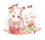  2girls bell blush bow closed_eyes ex-keine fujiwara_no_mokou green_hair hair_bow highres horn_ribbon horns kamishirasawa_keine long_hair multiple_girls pants ram red_eyes ribbon shuzi silver_hair smile suspenders touhou 