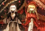  2girls black_legwear blonde_hair closed_eyes dress flower fringe gothic_lolita hairband lolita_fashion lolita_hairband long_hair multiple_girls pantyhose parasol petals rose rozen_maiden shinku silver_hair skull suigintou twintails umbrella violet_eyes white_legwear xiay 