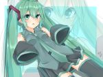  1girl detached_sleeves green_eyes green_hair hatsune_miku karaage_(m1012s) long_hair necktie open_mouth skirt sleeves_past_wrists solo thigh-highs twintails vocaloid zoom_layer 